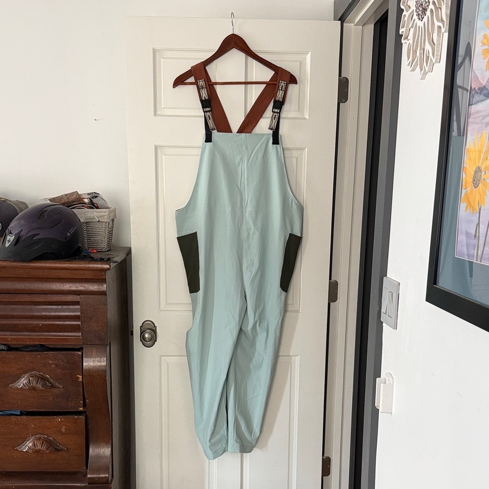 Kavu Mint Green Overalls with Olive Pockets and Brown Straps